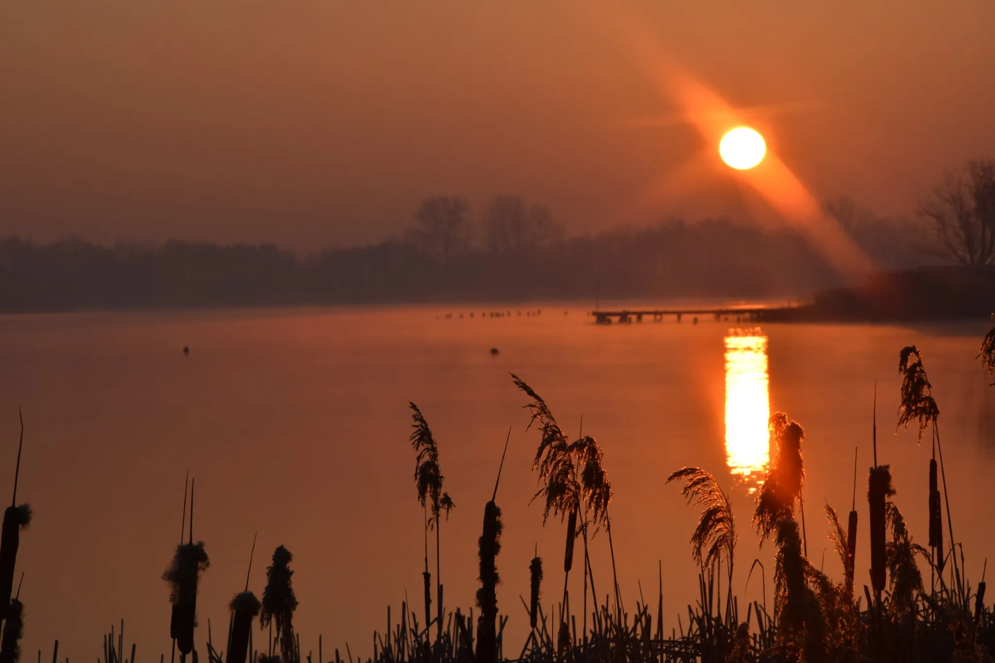 Pomarańczowe słońce zachodzi nad spokojnym Jeziorem Kunickim, odbijając się w wodzie za ciemnymi sylwetkami trzcin, wędkarzy i odległych drzew.