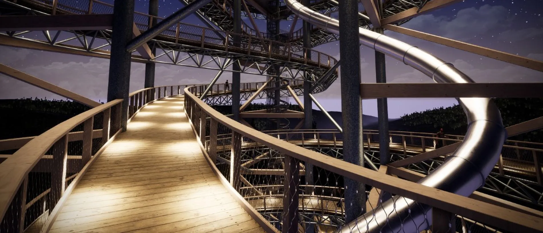 La passerelle en bois illuminée Sky Walk à Świeradów-Zdrój serpente la nuit parmi la structure en acier de la tour, à côté d'un large toboggan en spirale.