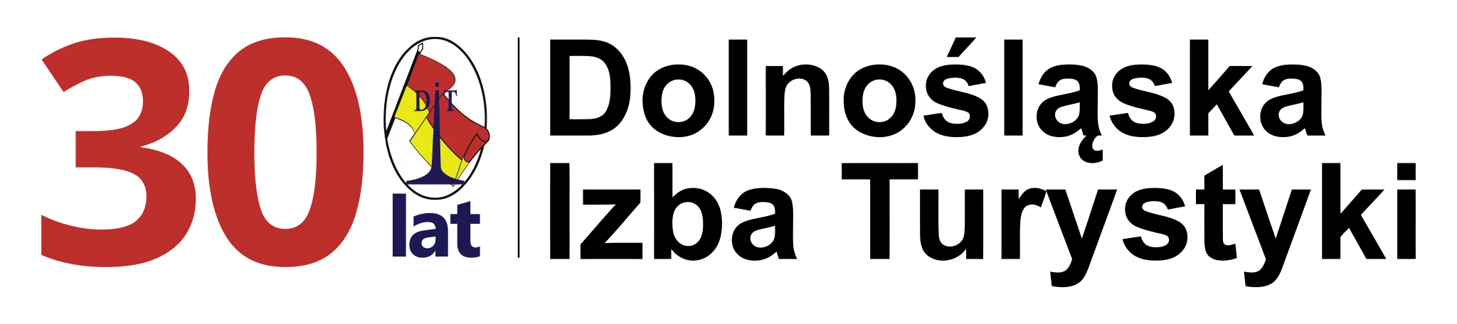 Výroční logo Dolnoslezské turistické komory kombinuje červené číslo 30, symbol zeměkoule a černý název organizace na jednotném bílém pozadí.