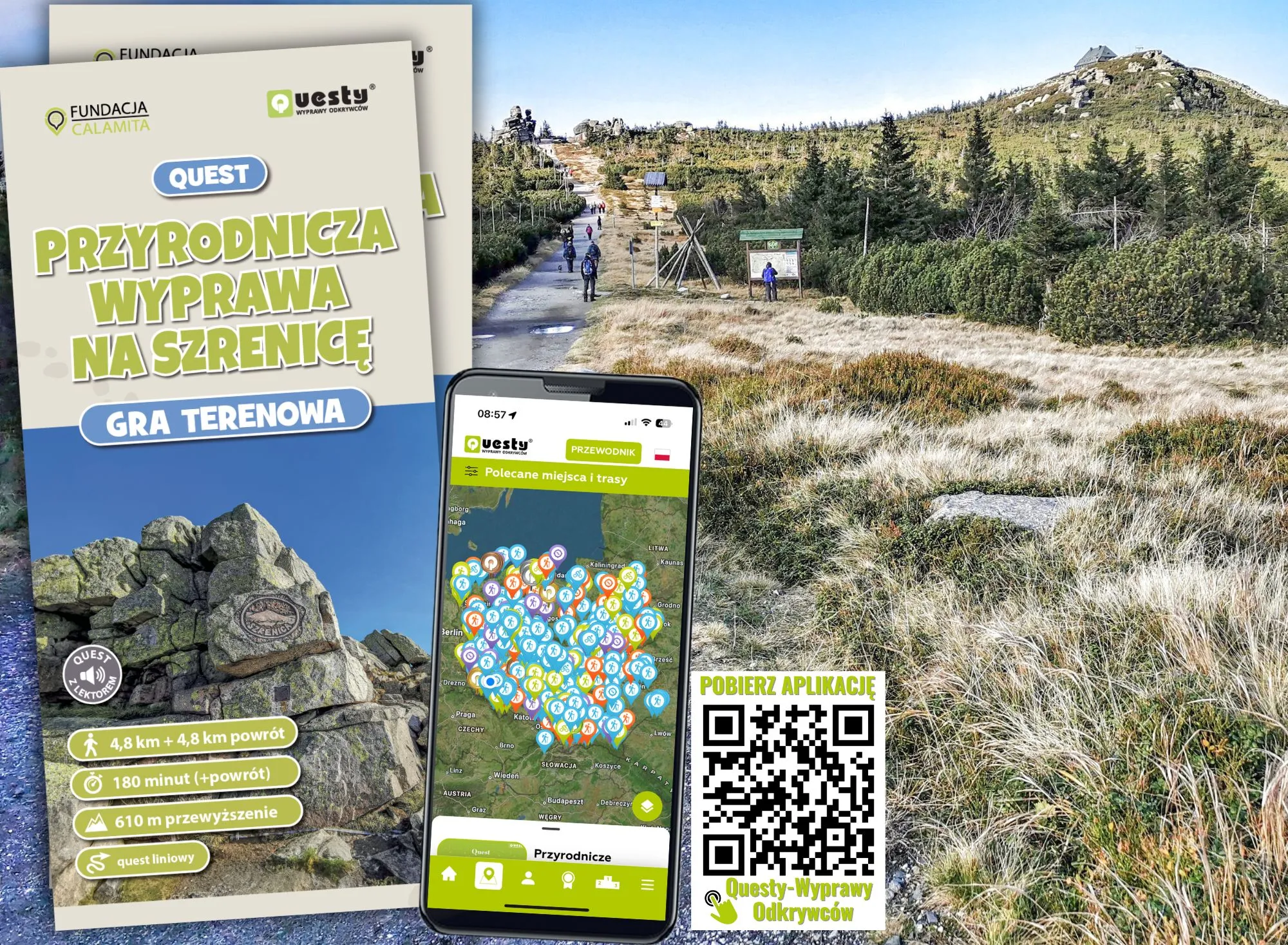 Grafika promocyjna z ulotką questy i widokiem na szlak w tle