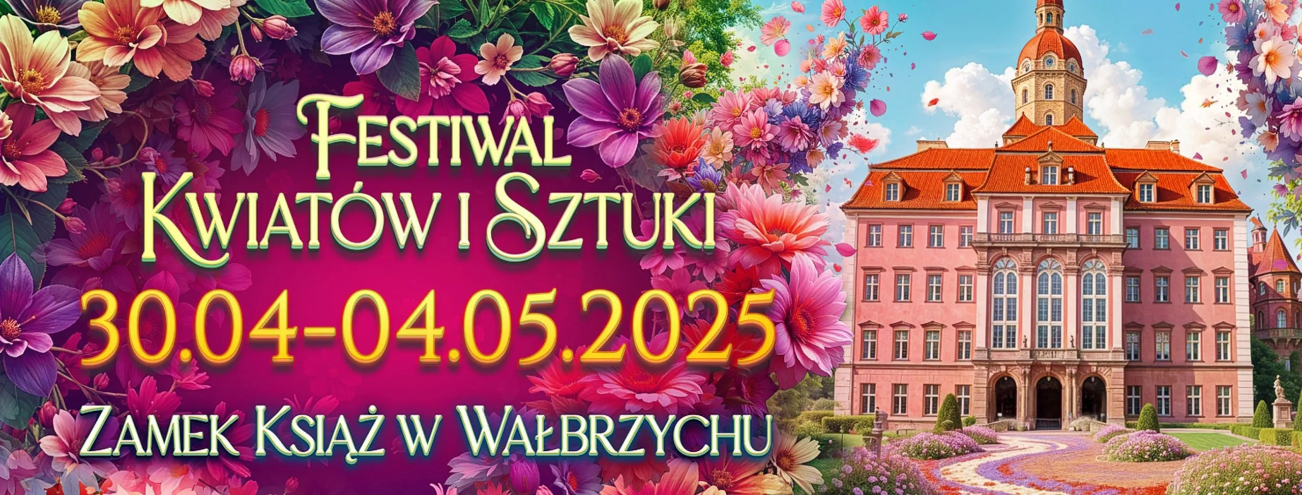 Barwny plakat Festiwalu Kwiatów i Sztuki zaprasza od 30 kwietnia do 4 maja 2025 roku do Zamku Książ, łącząc fasadę rezydencji z kompozycją kwiatów.