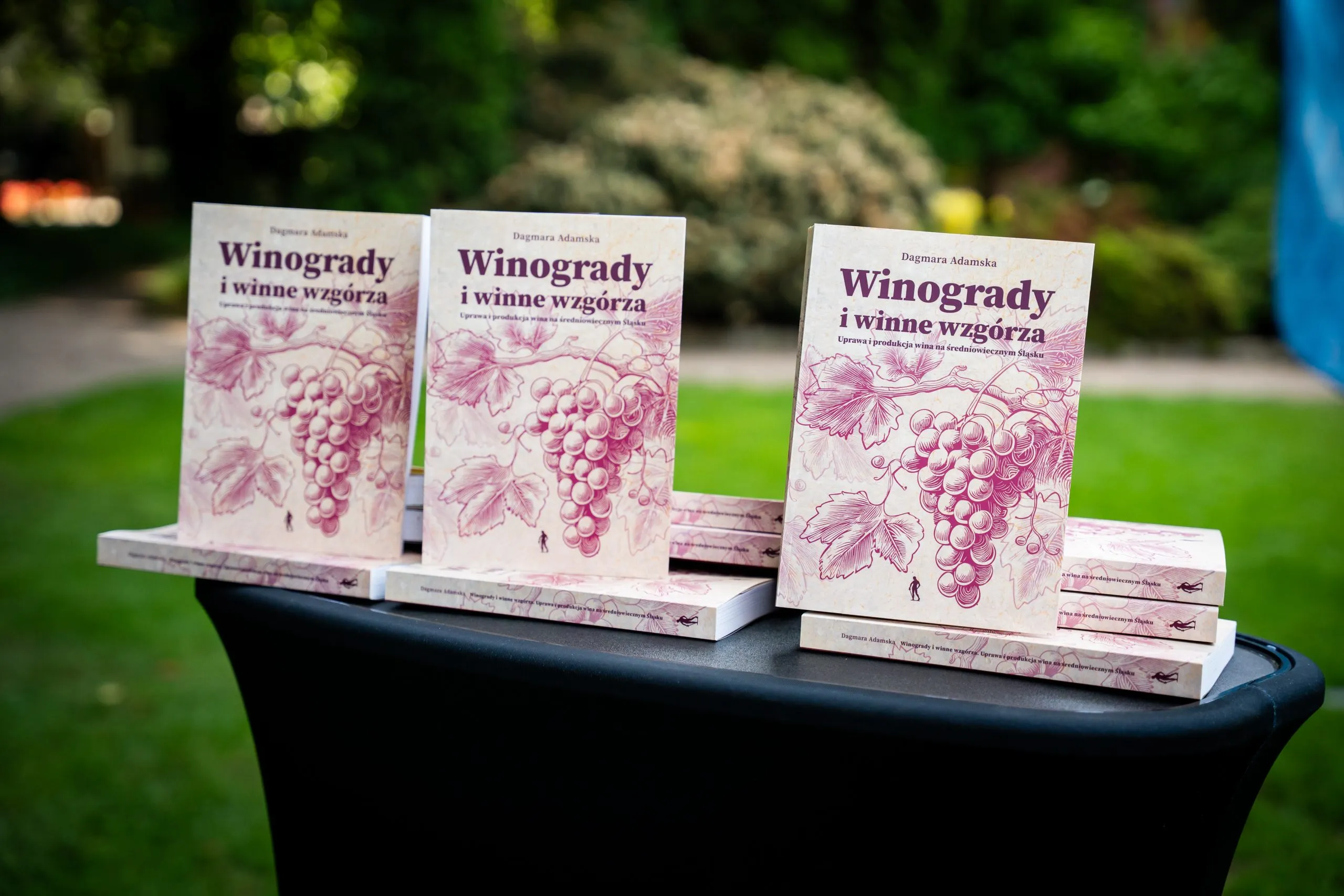 Przewodniki „Winogrady i winne wzgórza” stoją na czarnym stole podczas plenerowej prezentacji dolnośląskich winnic i turystyki kulinarnej.