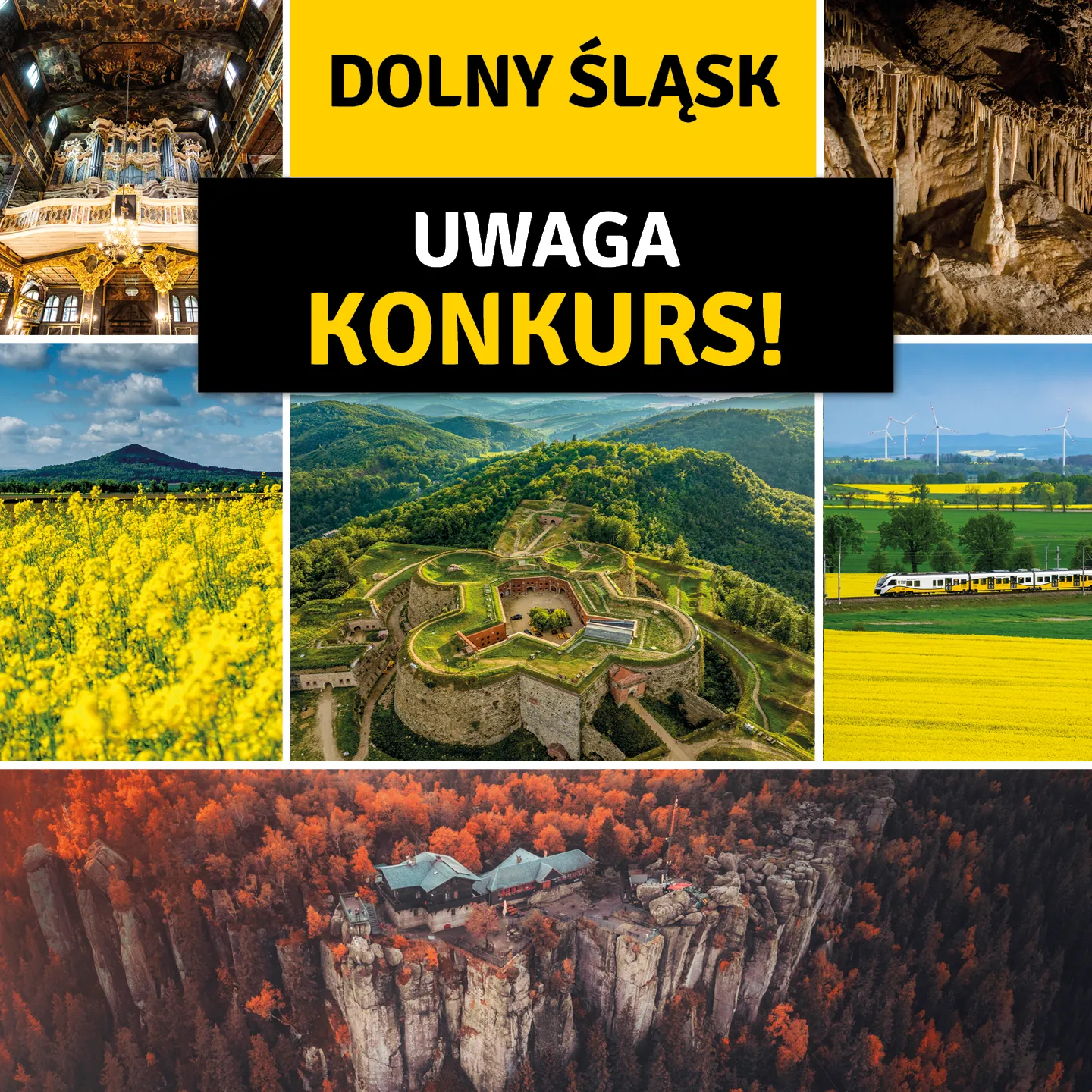 Grafika konkursu „Atrakcyjny na lato, atrakcyjny na lata” łączy fotografie dolnośląskich krajobrazów, zabytków i obiektów sportowych z wyraźnym hasłem „Uwaga konkurs”.
