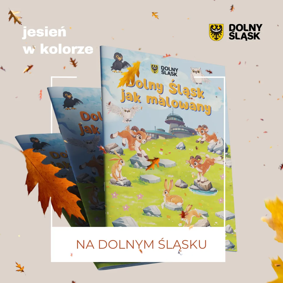 Grafika akcji „Jesień w kolorze” pokazuje książeczki „Dolny Śląsk jak malowany” wśród spadających liści, promując rodzinne odkrywanie regionu.