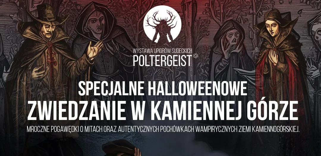Grafika promująca specjalne halloweenowe zwiedzanie w kamiennej Górze w 2025 roku