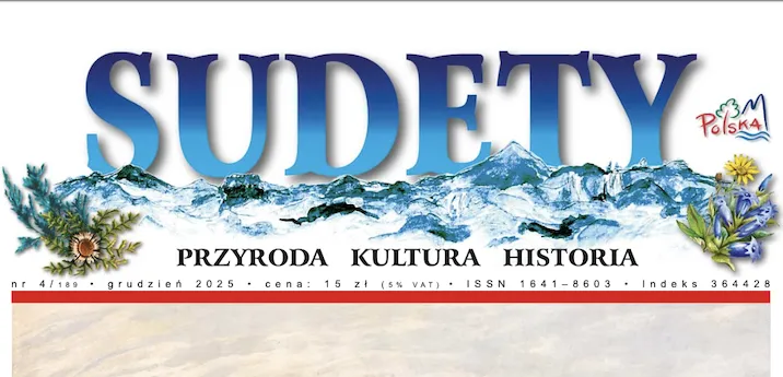 Winieta czasopisma „Sudety” łączy duży niebieski tytuł z ilustracją gór, świerków, kwiatów i hasłem „Przyroda, kultura, historia”.