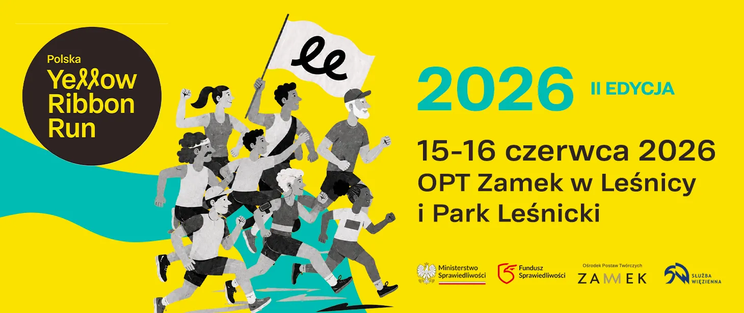 Żółty baner pierwszej edycji Poland Yellow Ribbon Run zaprasza 15-16 czerwca 2026 roku do Zamku i Parku Leśnickiego pod hasłem „Każdy zasługuje na nowy początek”.