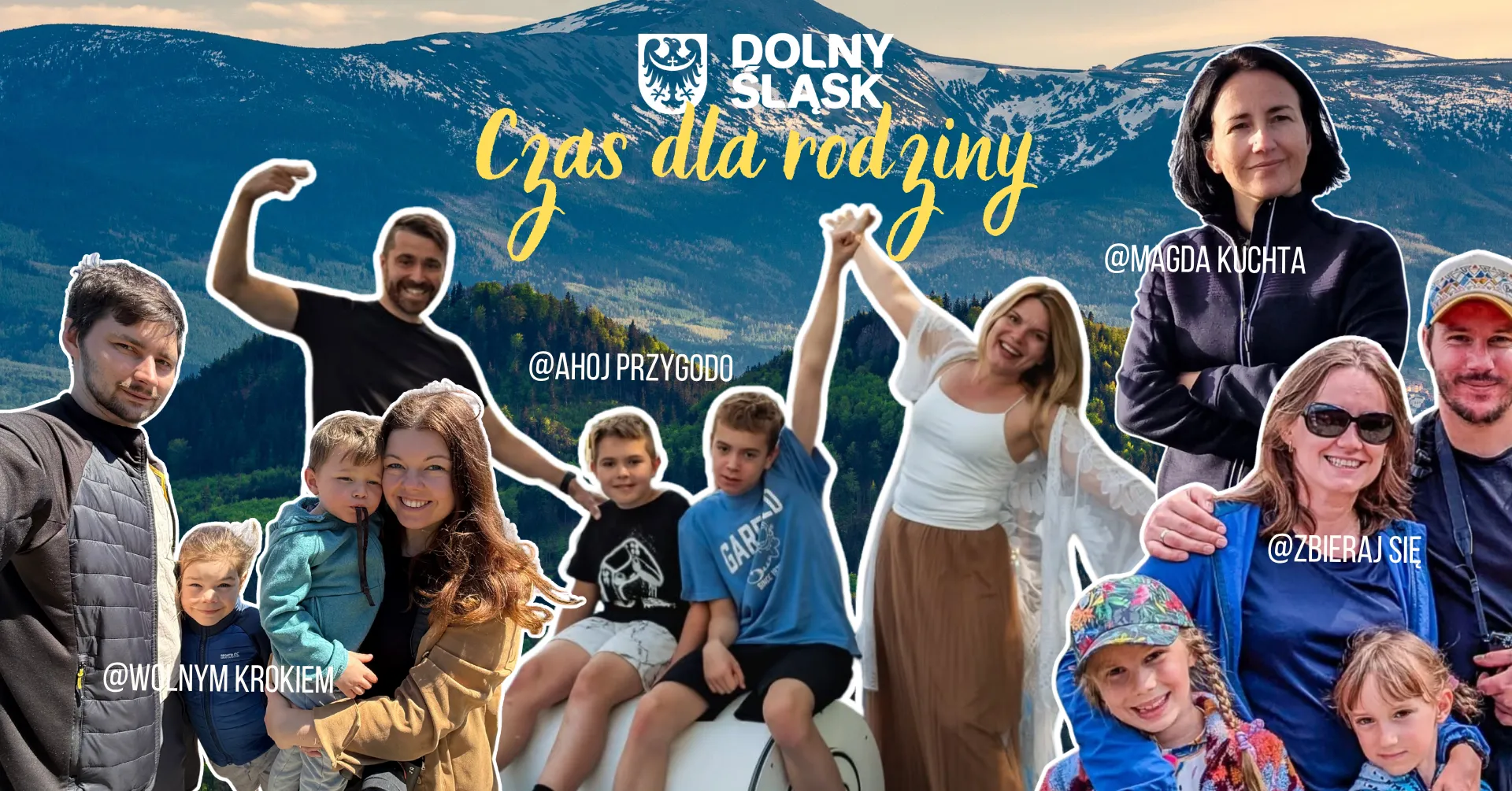 Grafika akcji Czas dla rodziny z kolażem zdjęć rodzin z dziećmi na tle panoramy gór.