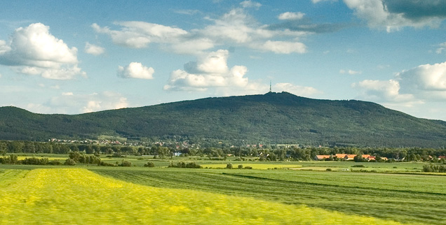 Nad zielonymi łakami wznosi się pasmo góry Ślęży, z charakterystycznym szpicem na szczycie